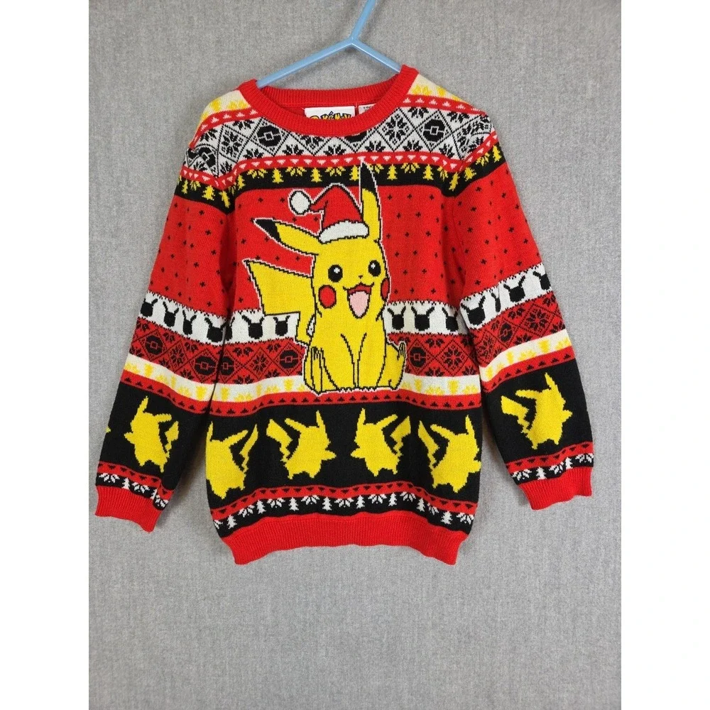 Pokemon Kids Sweater 5-6‎ Pikachu Happy Red Multi Fair Isle Festive Nordic